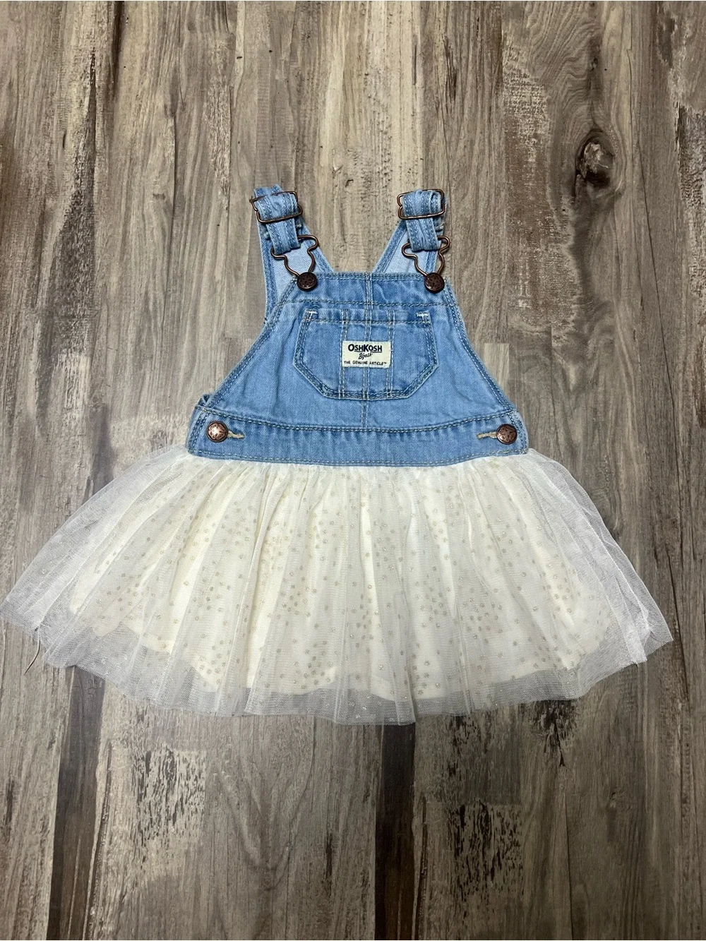 OshKosh B'gosh Denim Cream Tulle Gold Glitter Vestbak Jumper Dress 12M